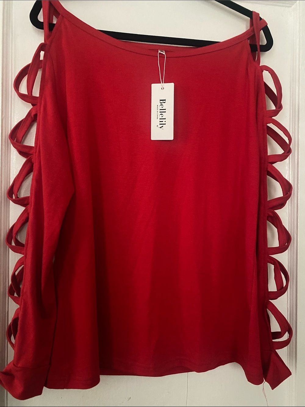 Red Cold-Shoulder Long-Sleeve Top with Loop Sleeves